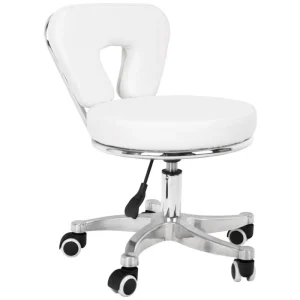Pedicurekruk Wit met Rugleuning – Verstelbare Salonkruk met Wielen – Beauty- en Cosmetische Kruk 9266
