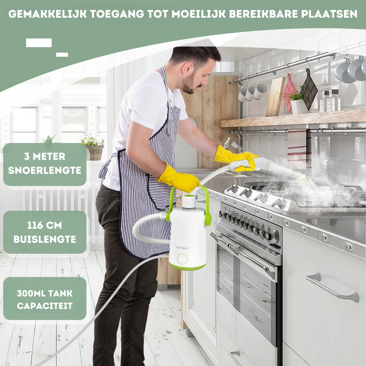 Costway Handstoomreiniger 1000W – Groen/Wit – 300 ml – 12 min Stoom – 10-delige Accessoireset – Voor Tapijt, Ramen & Bekleding - Afbeelding 5