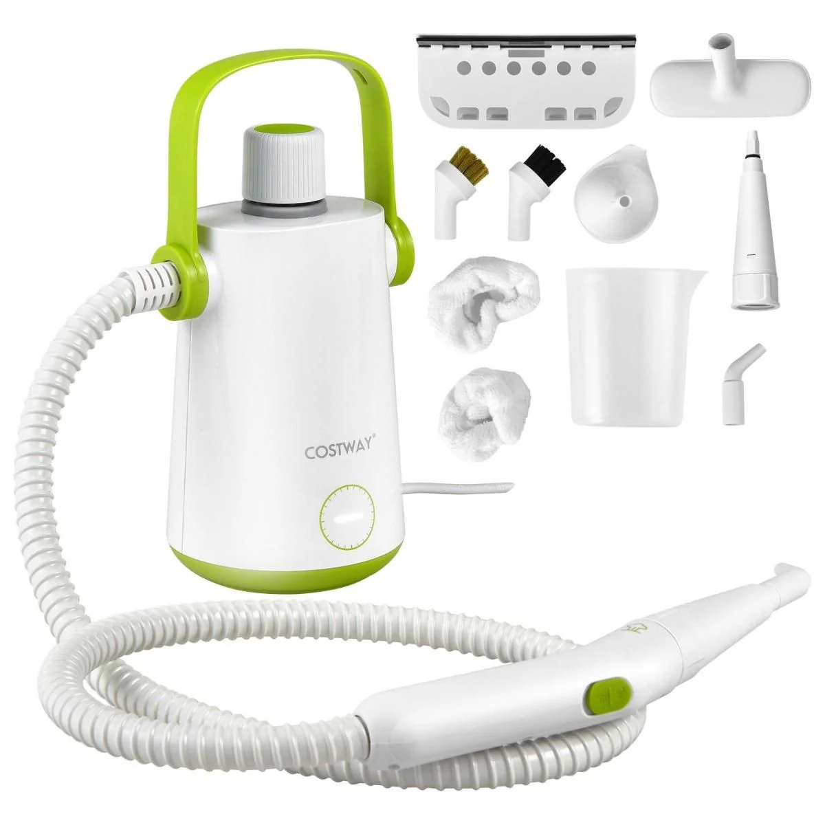 Costway Handstoomreiniger 1000W – Groen/Wit – 300 ml – 12 min Stoom – 10-delige Accessoireset – Voor Tapijt, Ramen & Bekleding - Afbeelding 2